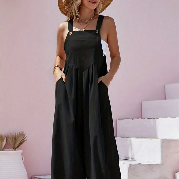 Black Casual Women's Button Pocket Strap Jumpsuit Wide Leg Pants - Picture 1 of 3